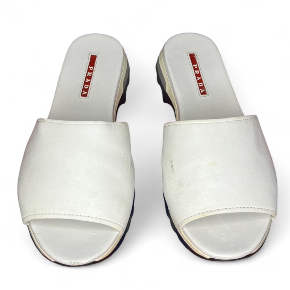 Prada Nappa Leather Open Toe Cutout Flat Slides Sandals Women’s Size 36.5 5.5